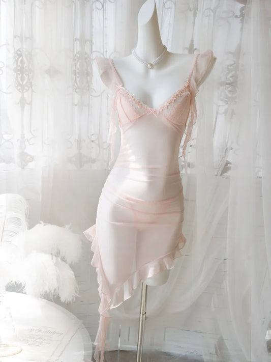Mesh Ruffle Trim Sheer Nightdress with Panty