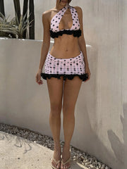 Pink Ruffled Hem Polka Dot Crop Top And Ruched Mini Skirt Set