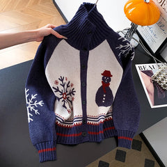 Christmas Print Long Sleeve Buttoned Sweater