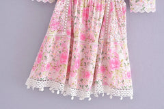 Pink Floral Quarter Sleeve Mini Dress
