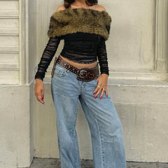 Black Ruched Off Shoulder Fur Trim Top