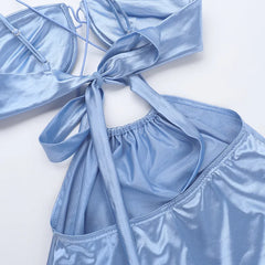 Blue Satin Low Cut Out Maxi Dress - Halter Sheath Fit