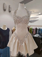 Diamond Beaded Tie-Up Neck A-Line Mini Dress