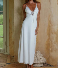 Satin Lace Trim Tie Front Slip Maxi Dress