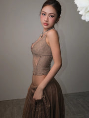 Jacquard Patchwork See Through Top And Long Skirts Set