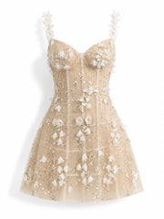 3D Flower Sequin Strappy Mini Dress
