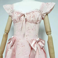 Eyelet Sweetheart Neck Bow Waist A-Line Mini Dress