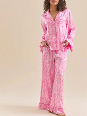 Satin Floral Print Long Sleeve Shirt with Long Pants Two Piece Sleepwear Set