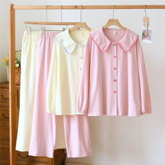 Cotton Doll Collar Shirt And Pants Pajama Sets