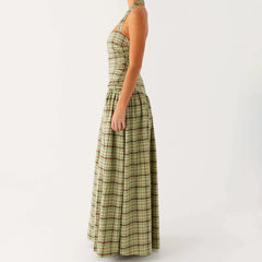 Green Plaid Halter Maxi Dress