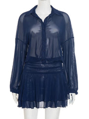 Button Up Collar Mesh See Through Long Sleeve Mini Dress