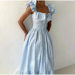 Ruffles Striped Square Collar Buttoned Long Dress