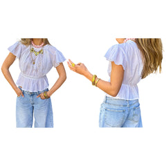 White Eyelet Short Cap Sleeve Round Neck Blouse