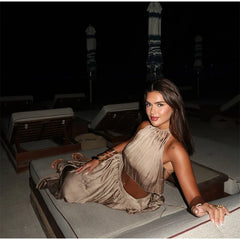 Gold Halter Open Back Crop Top And Maxi Skirt Set