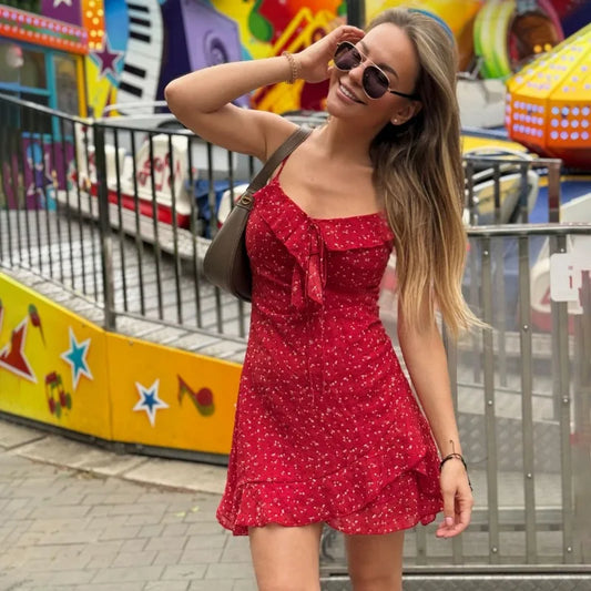Red Polka Dot Ruffle Strap Mini Dress