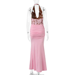 Pink Lace Halter Deep V-Neck Ruched Waist Maxi Dress