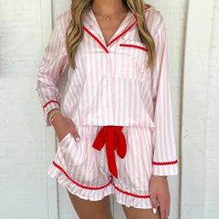 Striped Satin Bow Tie Long Sleeve Shirt And Ruffled Shorts Pajama Set