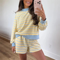 Striped Contrast Color Long Sleeve Sweatshirt And Shorts Set