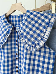 Blue Plaid Ruffled Sleeveless Shirt