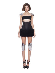 Black Fur Gem Corset Cut Out Mini Dress
