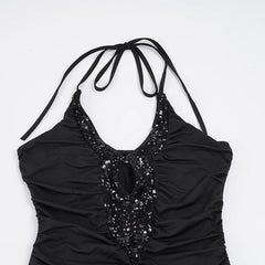 Black Sequin Patchwork Halter Frill Mini Dress