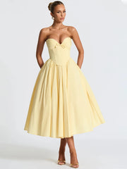 Yellow Strapless A-line Bow Gown Midi Dress