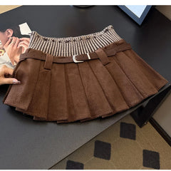 Patchwork Corduroy Pleated Mini Skirt with Belt