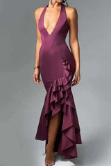 Deep V-neck Ruffles High Split Maxi Dress