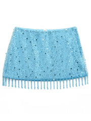 Blue Sequin Criss Cross Crop Top And Tassel Mini Skirt Set