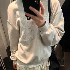 Grey Lace Bow Patchwork Sweatshirt