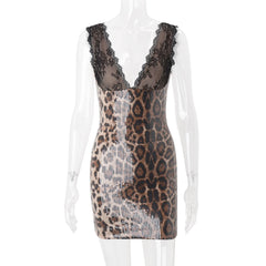 Lace V-Neck Leopard Sequin Mini Dress