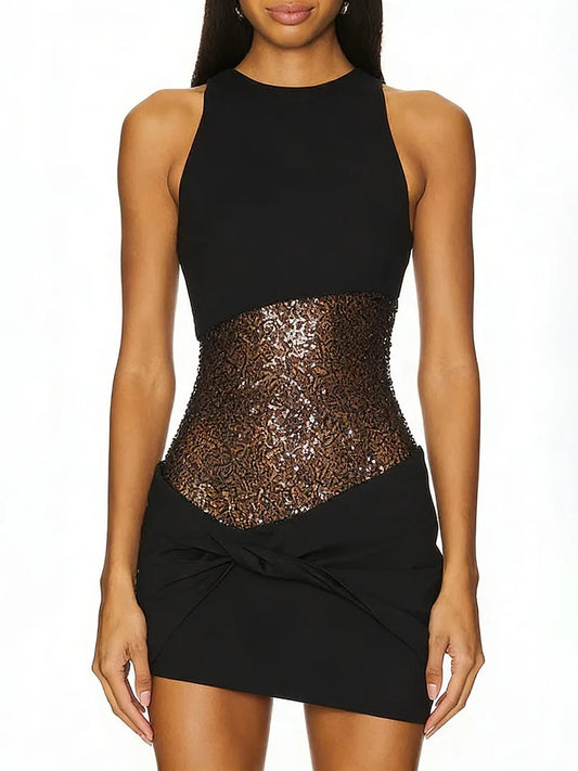Black Sequin Sheer Patchwork Sleeveless Mini Dress