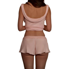 Model displaying a satin front tie-up long top and shorts lounge set.