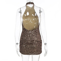 Brown Sequin Mock Neck Open Back Mini Dress
