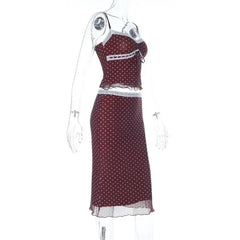 Brown Polka Dot Lace Trim Cami Top And Midi Skirt Set