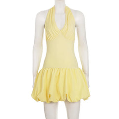 Yellow Halter Tie Up Puff Hem Mini Dress