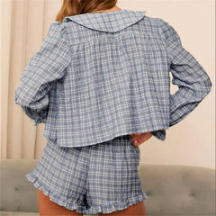 Gingham Peter Pan Collar Tie Blouse And Elastic Waist Ruffle Hem Shorts Set