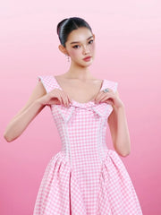 Plaid Collar Back Tie Up Midi Dress