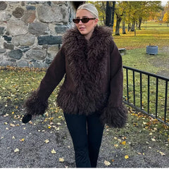 Faux Fur Plush Lapel Brown Jacket
