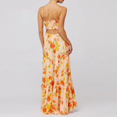 Spaghetti Straps Cross Tie-up Front Floral Print Cutout Long Dress