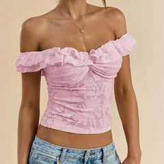 Ruffle Trim Off-Shoulder Sheer Blouse