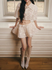 White Lace Embroidery Collar Short Sleeve Crop Top And High Waist Mini Skirt Set