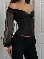 Black Puff Sleeve Chiffon Long Sleeve Top