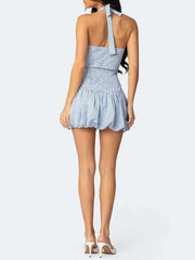 Stripe Halter Smocked Puff Hem Mini Dress