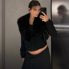 Black Cropped Faux Fur Removable Collar Cardigan