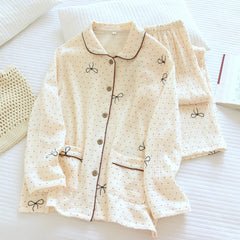 Cotton Polka Dot Bow Print Shirt And Pajama Set