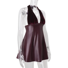 Burgundy V-Neck Halter PU Leather Mini Dress