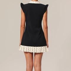 Ribbon V-Neck Pleated Hem Dotted Patchwork Mini Dress