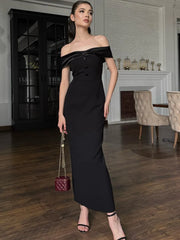 Black Off-shoulder Satin Buttoned Maxi Dress