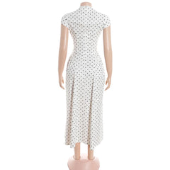 White Polka Dot High Neck Short Sleeve Dress